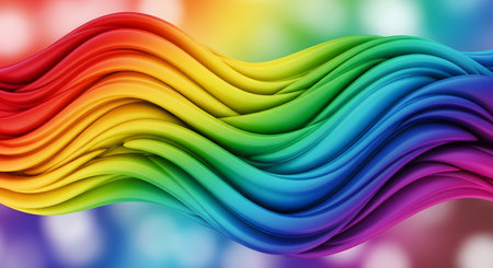 A flowing, wavy abstract pattern showcasing the full spectrum of the rainbow with a textured, layered effect.の素材