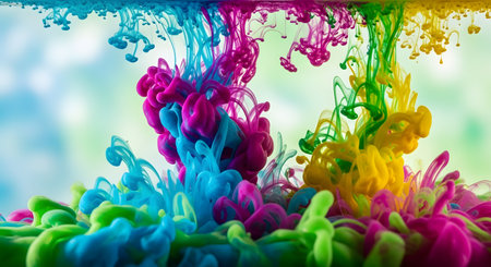 Abstract swirls of bright, colorful ink dissolving and mixing in clear water creating dynamic, organic shapes and patterns.の素材