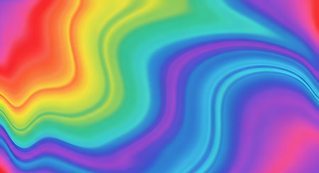A psychedelic, abstract background featuring flowing, marbled waves of vibrant rainbow colors like red, yellow, green, blue, and purple.の素材