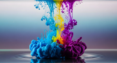 A dynamic explosion of colorful ink, including blue, yellow, pink, and purple, swirling and dissolving in clear water.の素材