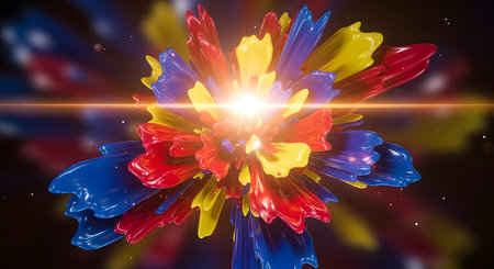 A dynamic, abstract explosion of red, blue, and yellow forms radiates outward from a brilliant, glowing central light.の素材