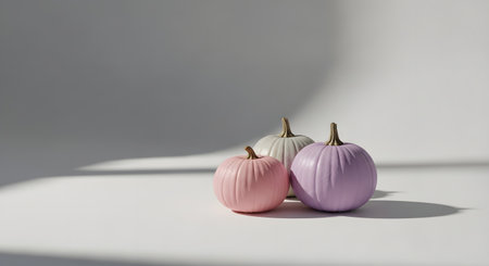 Three small, pastel colored decorative pumpkins are arranged on a white surface, casting shadows from overhead light.の素材