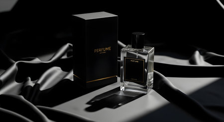 A sleek glass perfume bottle and its dark box are dramatically lit, casting sharp shadows, suggesting elegance and mystery.の素材