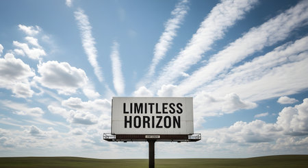 A solitary billboard displaying the words "LIMITLESS HORIZON" stands tall against a vast expanse of sky filled with dramatic clouds and contrails.の素材