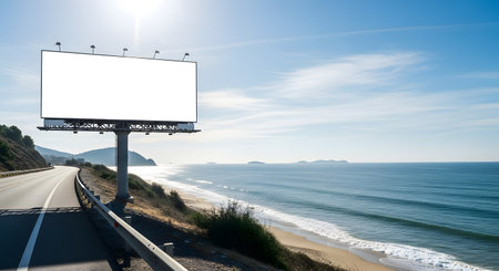 A large, empty billboard stands beside a coastal highway overlooking a blue ocean and sandy beach on a bright, clear day.の素材