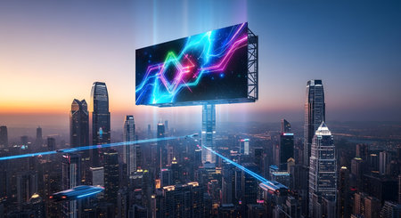 A vibrant digital billboard showcases colorful abstract data patterns against a twilight cityscape with glowing skyscrapers and light trails.の素材