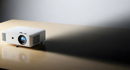 A small, white projector sits on a light-colored surface, emitting a strong beam of light that illuminates a wall or screen.の素材