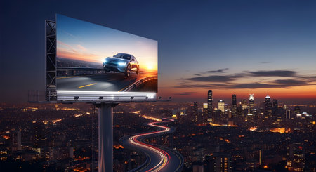 A large billboard displays an SUV ad against a vibrant sunset sky, overlooking a sprawling city with illuminated buildings and light trails.の素材