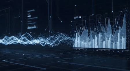 Abstract digital interface displays glowing blue waveforms and bar graphs, representing data analysis and technological advancement in a dark, futuristic setting.の素材