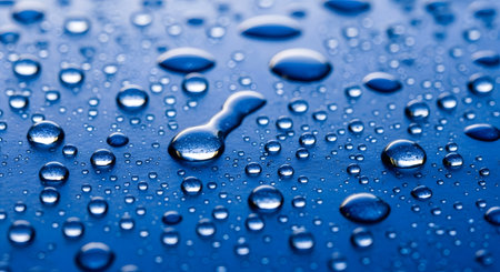 Macro view of numerous clear water droplets of varying sizes scattered across a textured blue background.の素材