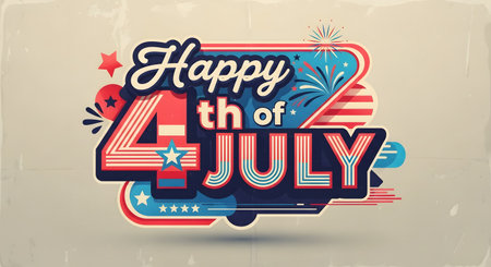 A vibrant, retro-style graphic celebrating the Fourth of July with bold typography, fireworks, and patriotic colors.の素材