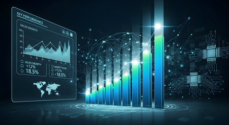 A glowing digital display shows financial charts and a world map, with a towering bar graph of increasing data in a dark, futuristic cityscape.の素材