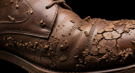 A detailed, macro view of a brown leather shoe heavily splattered with mud and dirt, showcasing texture and grime.の素材