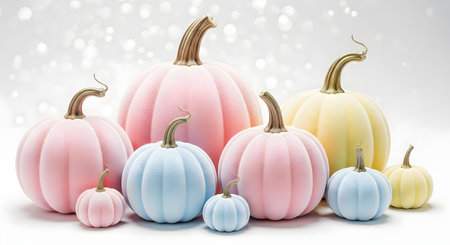 A collection of pastel colored pumpkins in various sizes, perfect for fall decorating and seasonal displays.の素材