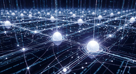 A futuristic, abstract digital network with glowing nodes connected by intricate lines and light trails, suggesting data flow and connectivity.の素材