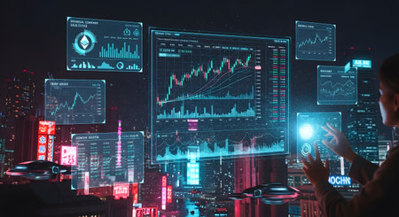 A person interacts with glowing holographic data screens projected over a vibrant, futuristic cityscape at night.の素材