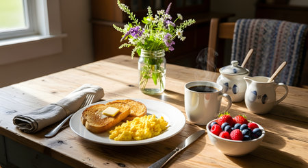 A rustic wooden table set for breakfast with French toast, scrambled eggs, fresh berries, and a bouquet of wildflowers.の素材