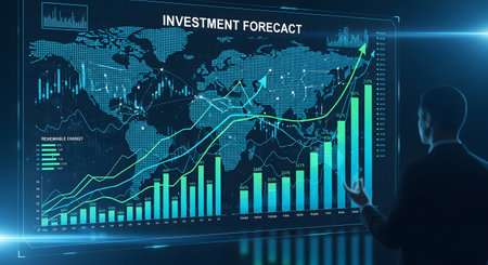 A person observes a glowing digital screen displaying a complex investment forecast with stock market charts and data visualizations.の素材