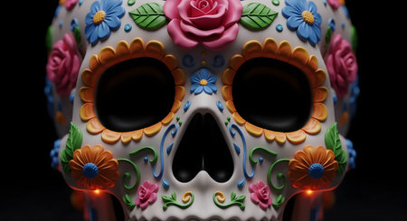 A close-up, front-facing view of a vibrantly decorated sugar skull adorned with colorful flowers and subtle red LED lights.の素材
