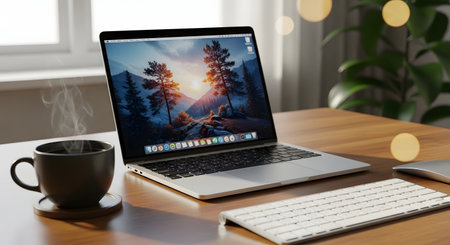 A modern laptop displays a vibrant mountain scene. A dark mug sits beside it on a wooden desk, with a keyboard in the foreground.の素材