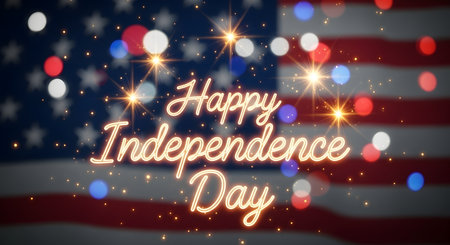 A festive and celebratory image featuring the American flag with glowing bokeh lights and the text Happy Independence Day.の素材