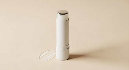 A modern, minimalist white cylindrical object with a metallic silver top, casting a soft shadow on a pale, textured surface.の素材