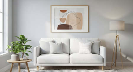 A bright, minimalist living room featuring a white sofa, abstract wall art, and a floor lamp, creating a serene and stylish atmosphere.の素材