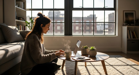 A woman sits on the floor of a bright apartment, using a laptop at a low table. Sunlight streams through large windows.の素材