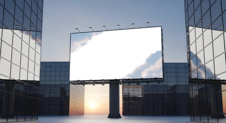A large, blank billboard stands between two modern glass buildings, bathed in the warm light of a sunset.の素材