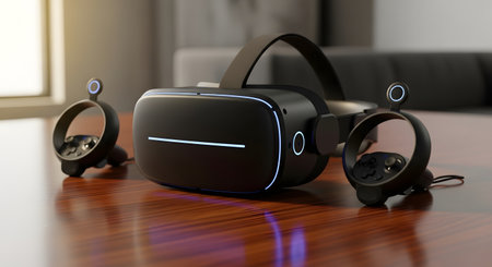 A sleek black virtual reality headset and two controllers are arranged on a polished wooden table, bathed in soft light.の素材