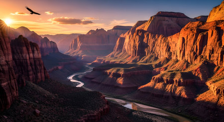 A breathtaking sunrise illuminates a vast canyon, casting golden light on towering rock formations and a winding river below. A bird soars in the vibrant sky.の素材