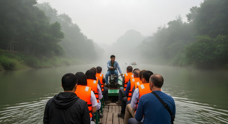 A group of tourists wearing orange life vests ride on a long wooden boat through a tranquil river surrounded by lush green trees and fog.の素材
