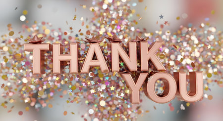 A rose gold "THANK YOU" message is set against a backdrop of shimmering, colorful confetti, creating a festive and celebratory feel.の素材