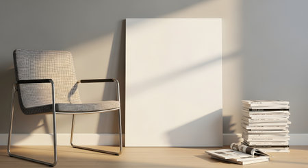 A modern interior scene featuring a woven armchair, a blank canvas leaning against a wall, and a stack of books.の素材