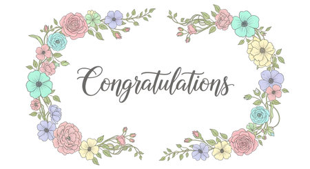 A delicate wreath of pastel-colored flowers and leaves encircles the handwritten word "Congratulations" on a white background.の素材