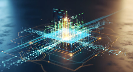 A vibrant, abstract visualization of a digital network or circuit board with bright, glowing connections and a central luminous core.の素材