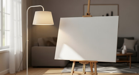 A blank white canvas stands ready for inspiration on a wooden easel, bathed in soft sunlight. A floor lamp illuminates the art space.の素材
