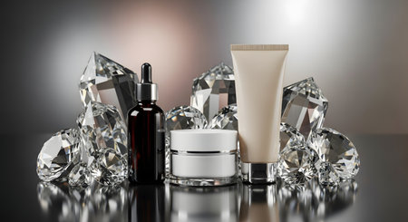 Elegant skincare bottles and jars are artfully displayed amidst shimmering, reflective crystal-like elements, suggesting premium beauty and radiance.の素材