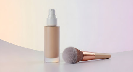 A bottle of liquid foundation stands next to a fluffy makeup brush with a rose gold handle, on a soft, gradient background.の素材