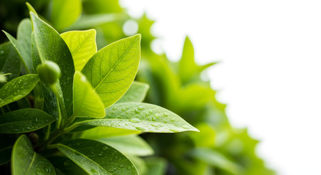 Close-up of lush green leaves, glistening with water droplets, set against a bright white backdrop.の素材