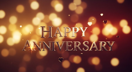 A warm, celebratory background featuring the words "Happy Anniversary" surrounded by soft, glowing bokeh lights.の素材
