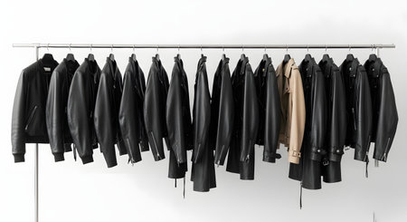 A diverse assortment of leather jackets, mostly black with one tan, displayed on a metal garment rack against a white background.の素材