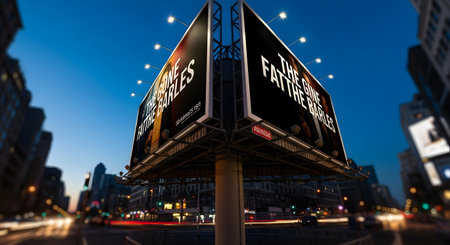 A large, illuminated billboard glows brightly against a darkening blue sky, surrounded by city buildings and blurred car lights.の素材