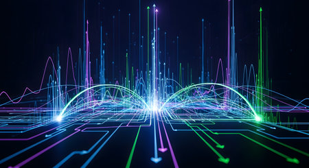 A futuristic, abstract cityscape rendered with vibrant neon lines, representing data flow and digital connectivity against a dark background.の素材