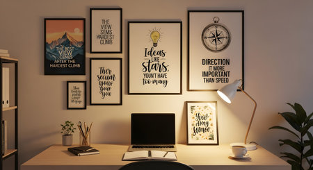 A collection of framed motivational quotes and artwork adorns a wall above a home office desk, creating an inspiring workspace.の素材