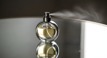 A clear glass perfume bottle with a gold cap sprays a fine mist against a blurred background with soft light.の素材