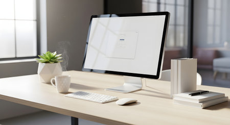 A clean and organized desk with a computer, mouse, keyboard, and a small potted plant, suggesting a productive workspace.の素材