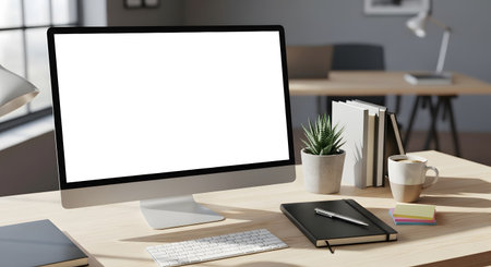 A clean, modern desktop computer with a blank screen sits on a wooden desk, surrounded by notebooks, pens, and a small plant.の素材