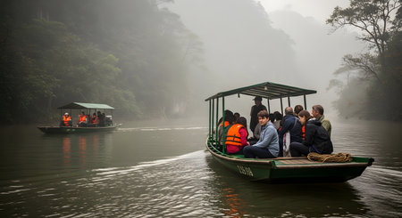 People in life vests ride on a covered boat, with another boat in the distance, navigating a calm river surrounded by lush, misty jungle.の素材
