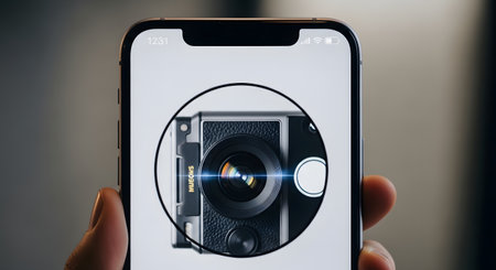 A hand holds a smartphone displaying a close-up of a vintage camera lens, enhanced with a magnifying glass effect.の素材